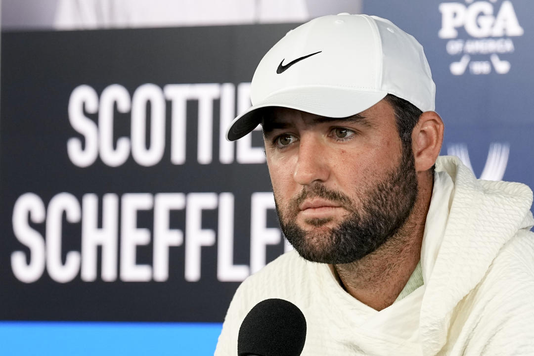 FILE - Scottie Scheffler speaks during a news conference during the PGA Championship golf tournament at Valhalla Golf Club, Tuesday, May 14, 2024, in Louisville, Ky. Masters champion Scottie Scheffler was arrested by police Friday morning for failing to follow police instructions during a traffic jam that followed a traffic fatality involving a pedestrian, ESPN reported.  (AP Photo/Sue Ogrocki, file)