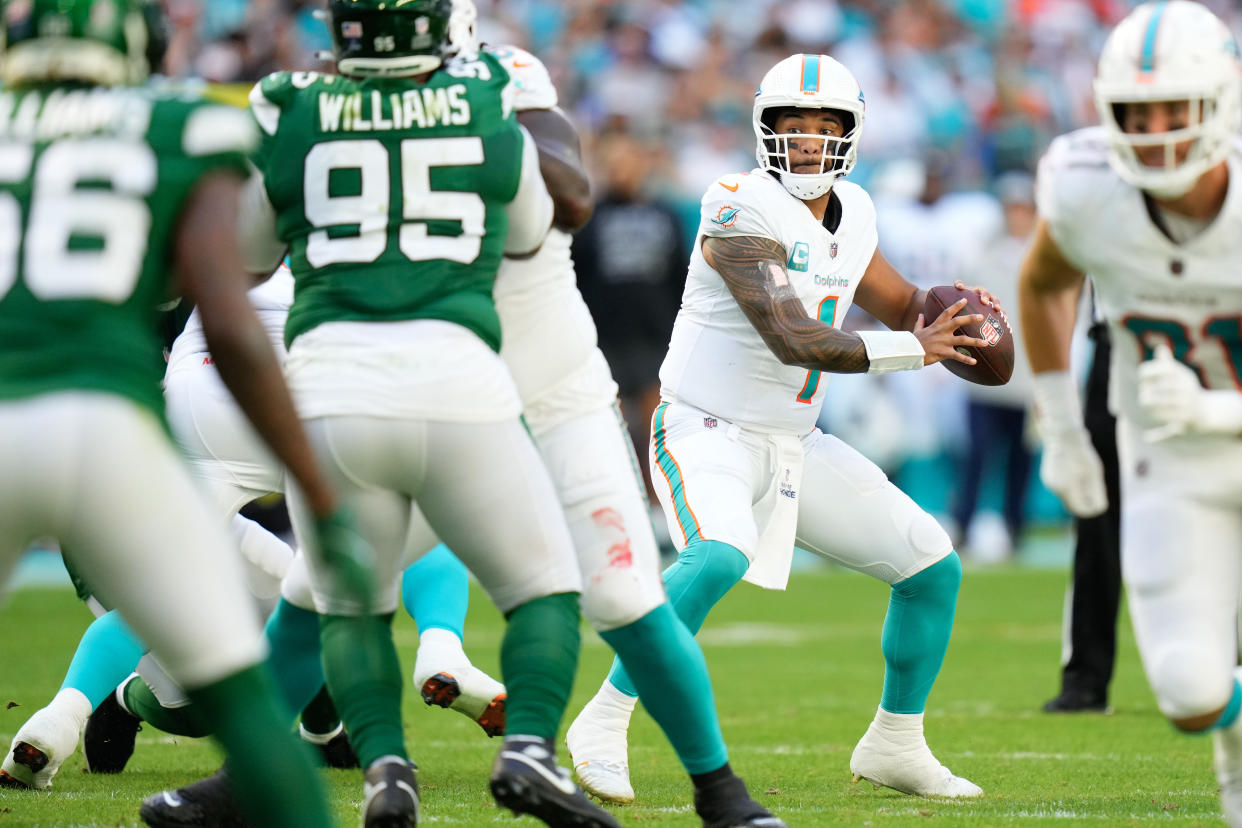 Tua Tagovailoa of the Miami Dolphins had a big day against the Jets with Tyreek Hill inactive. (Photo by Rich Storry/Getty Images)