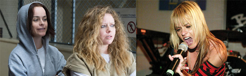 Manning and Natasha Lyonne in Orange Is the New Black; Manning performs with her band Boomkat during a 2004 appearance at the Sundance Film Festival.