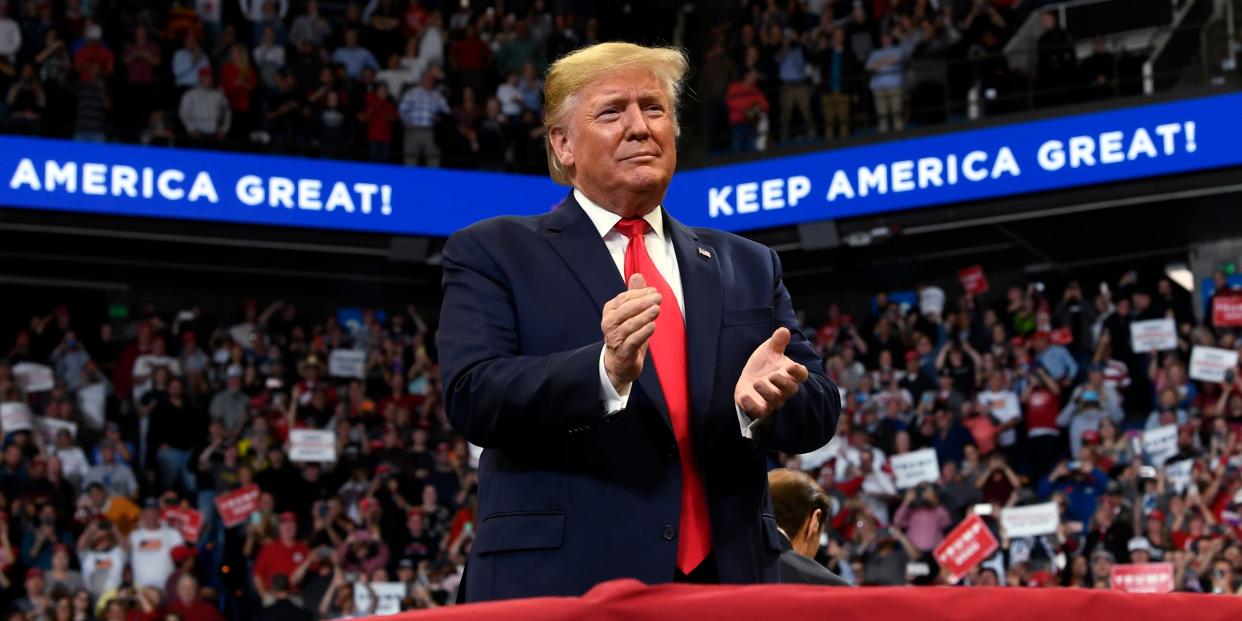 President Donald Trump arrives to speak at a campaign rally in, Lexington, Ky., Monday, Nov. 4, 2019. (AP Photo/Susan Walsh)