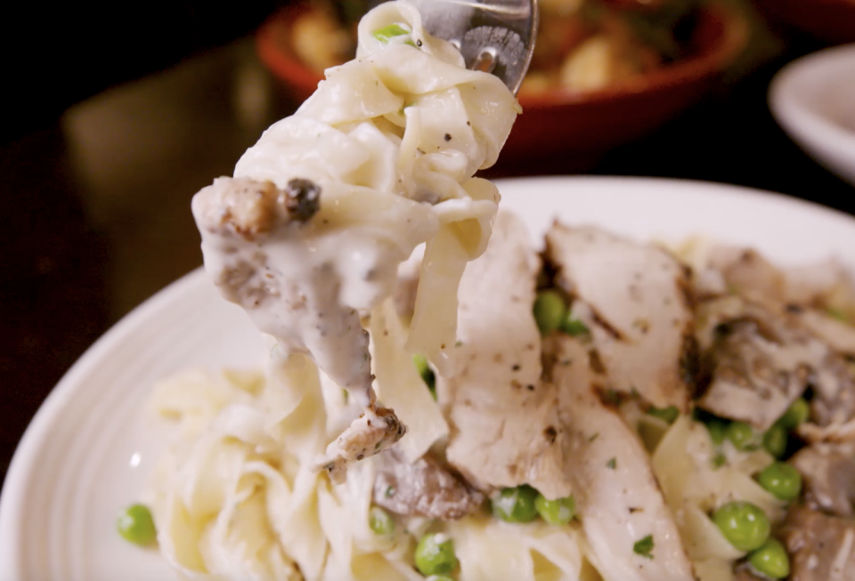 <p>This dish was actually made by accident! One of the founders took all the leftovers from the walk-in freezer, threw it together, and created a beautiful medley of creamy, cheesy pasta with moist chicken.</p>
