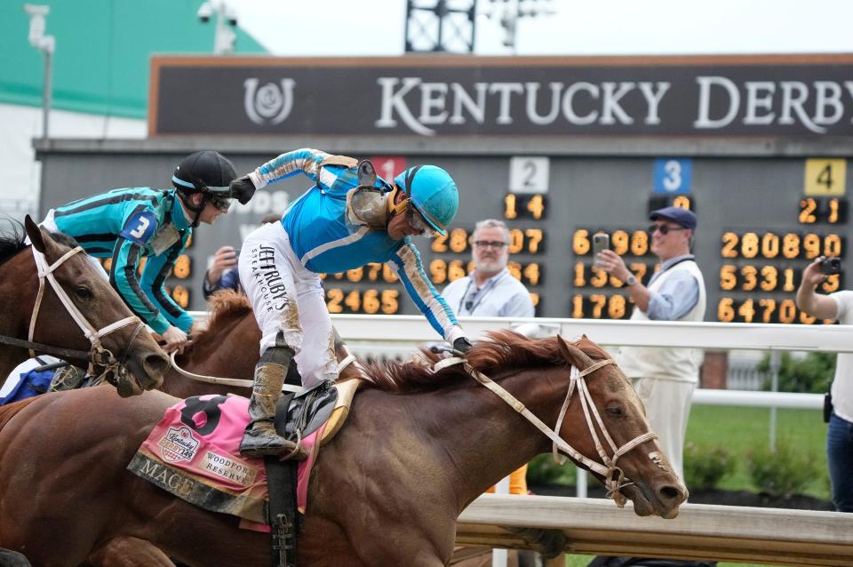 Mage jockey Javier Castellano celebrates after winning the 149th Kentucky Derby at Churchill Downs May 6, 2023.