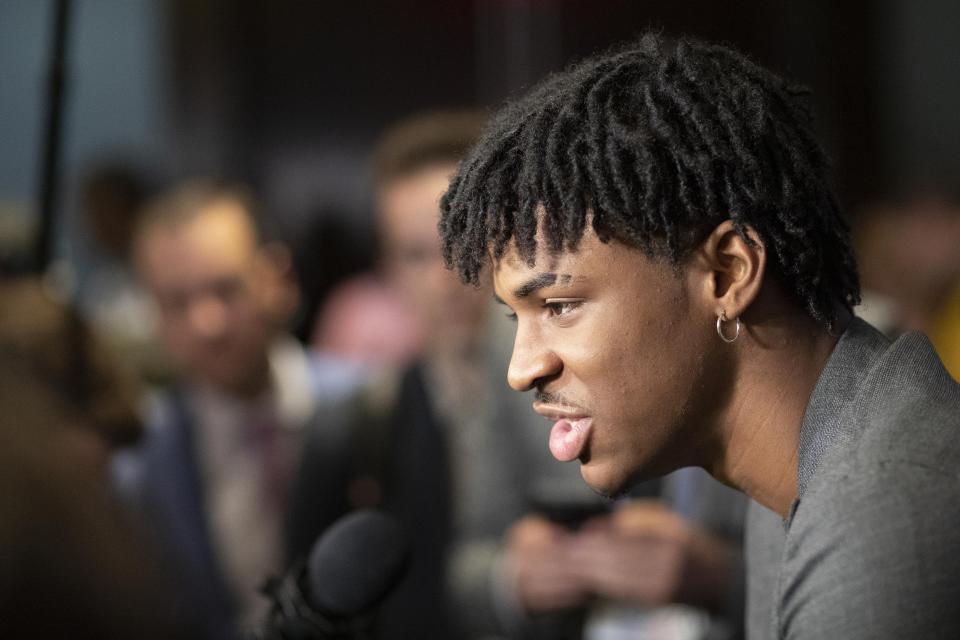 Ja Morant, a sophomore basketball player from Murray State, attends the NBA Draft media availability, Wednesday, June 19, 2019, in New York. The draft will be held Thursday, June 20. (AP Photo/Mark Lennihan)