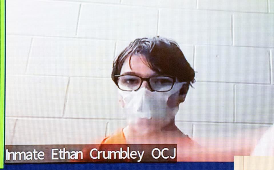 Accused Oxford High School gunman Ethan Crumbley is video conferenced in to the 52-3 District Courtroom of Judge Nancy Carniak in Rochester Monday, Dec. 13, 2021, for a probable cause hearing in his case.Crumbley was represented by attorney Paulette Michel Loftin.