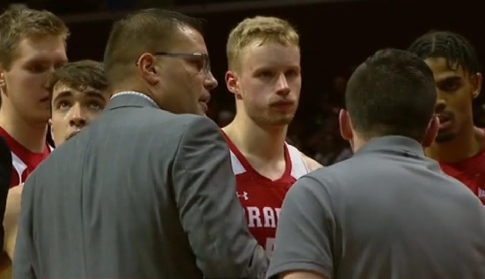 Bradley head coach Brian Wardle (left) talks to guard Connor Hickman, center Rienk Mast and teammates during a 58-40 win over Missouri State in their MVC road opener at Great Southern Bank Arena in Springfield, Mo., on Saturday, Dec. 3, 2022.