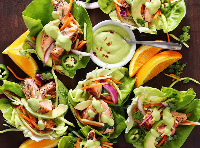 Grilled Salmon and Butter Lettuce Taco Wraps with Avocado Sauce