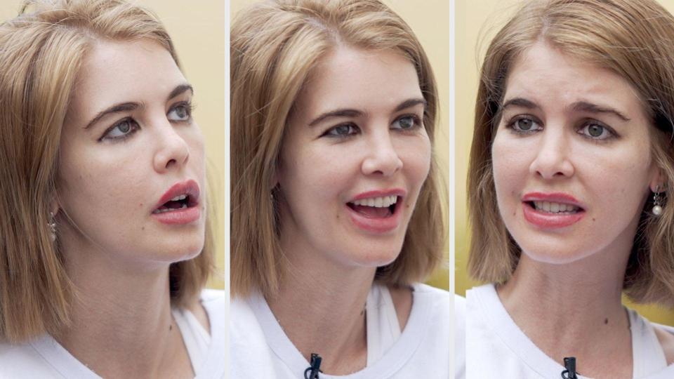 A triptych of three shots of Kat Torres pulling a range of expressions during our interview with her in a Brazilian prison
