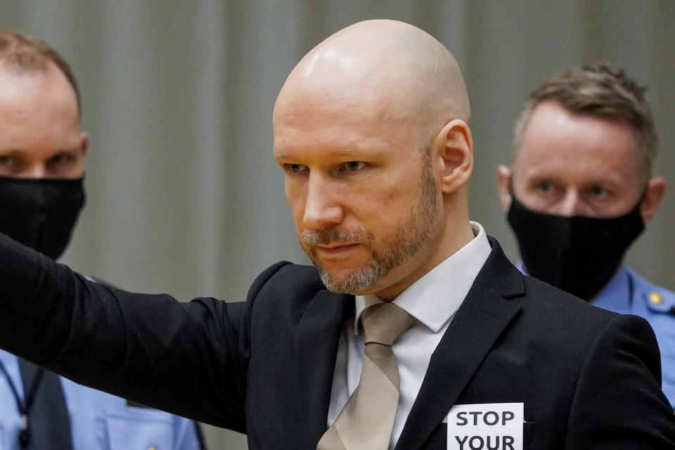 FILE - Convicted mass murderer Anders Behring Breivik arrives in court on the first day of a hearing where he is seeking parole, in Skien, Norway, Jan. 18, 2022. A decade after the 2011 bombing and shooting spree that left 77 dead, Breivik is seeking early release from a 21-year sentence — the maximum term in Norway. (Ole Berg-Rusten/NTB scanpix via AP, File)