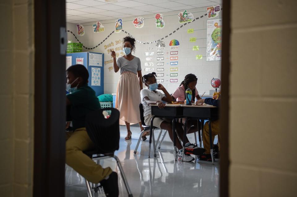 Fourth grade English Language Arts teacher Kellie Marks leads her classroom full of students on the first day of school at Napier Elementary School, part of Metro Nashville Public Schools, in Nashville, Tenn. on Aug. 10, 2021.