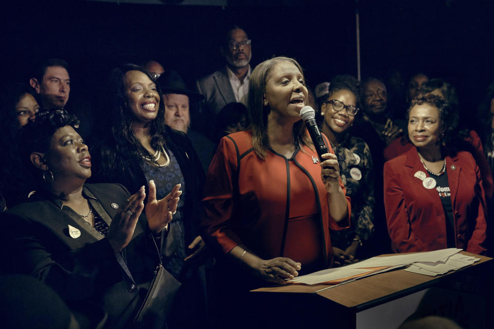 FILE - In this Nov. 6, 2018, file photo, Letitia James, D-NY, speaks to supporters after winning the New York Attorney General's race in New York. James, who made history that night as the first African-American woman elected to hold statewide New York office as the state attorney general, said the example set by the late Rep. Shirley Chisholm matters all this time later because "we're fighting for the same people who don't have a voice at the table." (AP Photo/Andres Kudacki, File)