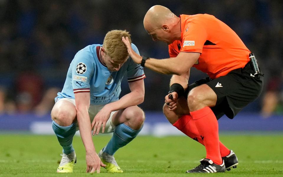 Once again injury meant it was to be a short appearance in a Champions League final for Kevin De Bruyne - AP/Francisco Seco