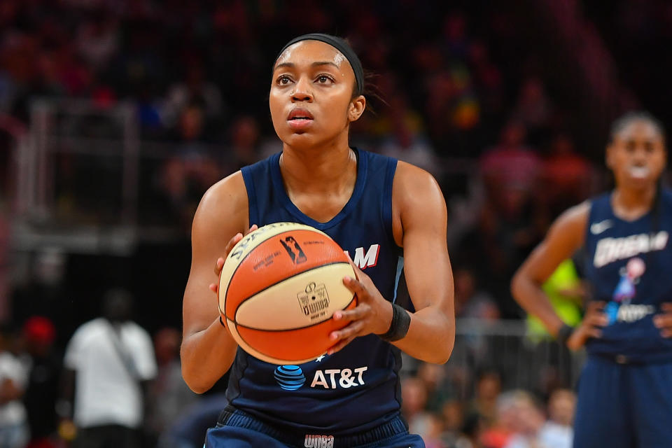 ATLANTA, GA  JULY 23: Atlanta's Renee Montgomery (21) shoots a free throw during the WNBA game between the Los Angeles Sparks and the Atlanta Dream on July 23rd, 2019 at State Farm Arena in Atlanta, GA. (Photo by Rich von Biberstein/Icon Sportswire via Getty Images)