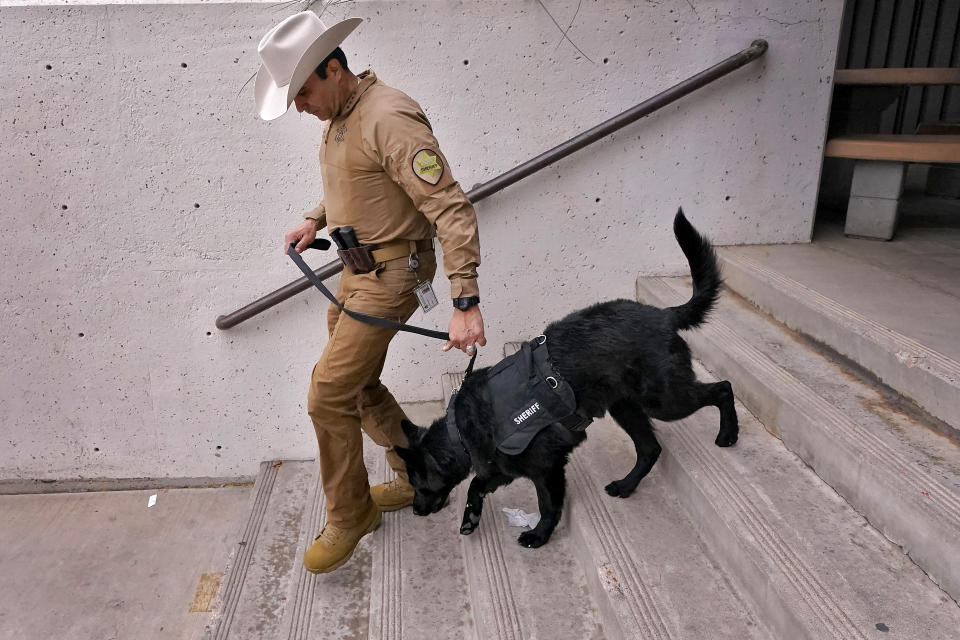 Maricopa County Sheriff Paul Penzone and "Bella" leaves the Maricopa County Recorders Office, Wednesday, Nov. 9, 2022, in Phoenix. (AP Photo/Matt York)