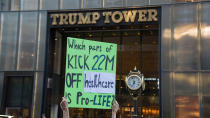 <p>A small group of activists rally against the GOP health care plan outside of the Metropolitan Republican Club, July 5, 2017 in New York City. Republicans in the Senate will resume work on the bill next week when Congress returns to Washington after a holiday recess. (Photo: Zach D Roberts/NurPhoto via Getty Images) </p>