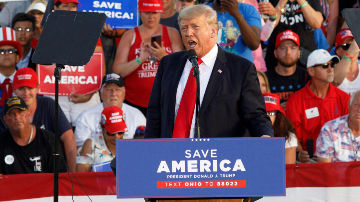 Former President Donald Trump addresses a campaign-style rally in Wellington, Ohio,on June 26.
