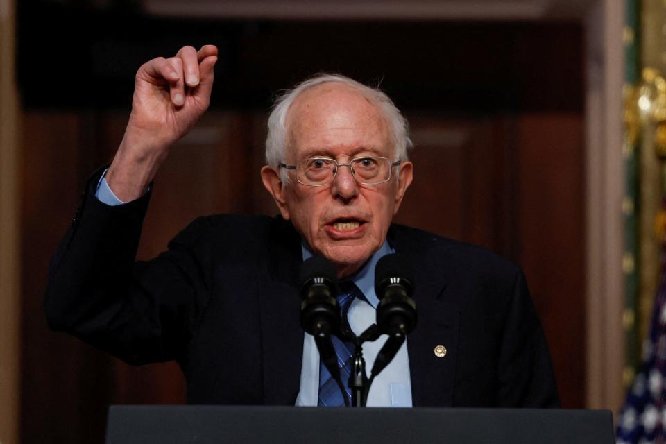 FILE PHOTO: U.S. Senator Bernie Sanders (I-VT) gestures while delivering remarks on lowering healthcare costs, in the Indian Treaty Room of the Eisenhower Executive Office building, at the White House complex in Washington, U.S., April, 3, 2024. REUTERS/Evelyn Hockstein/File Photo