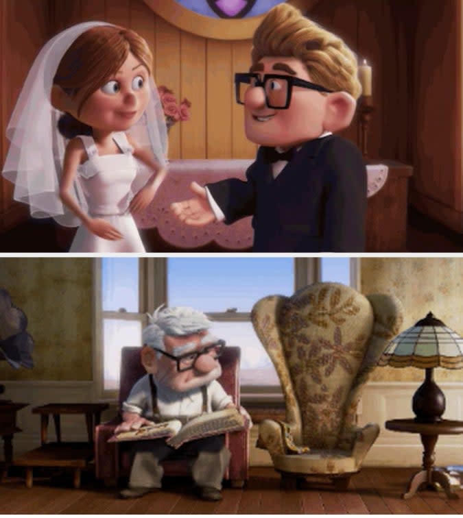 Carl and Ellie getting married in "Up" and then Carl sitting in his chair alone after Ellie dies