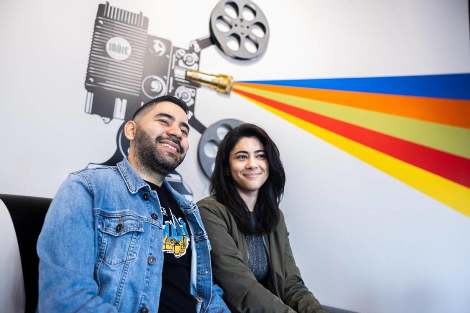 Giovanna Torres and her husband, Alex Piñeres, the couple behind the Charlotte Latino Film Festival, pose for a portrait at the Independent Picture House in Charlotte, N.C., on Friday, March 8, 2024.