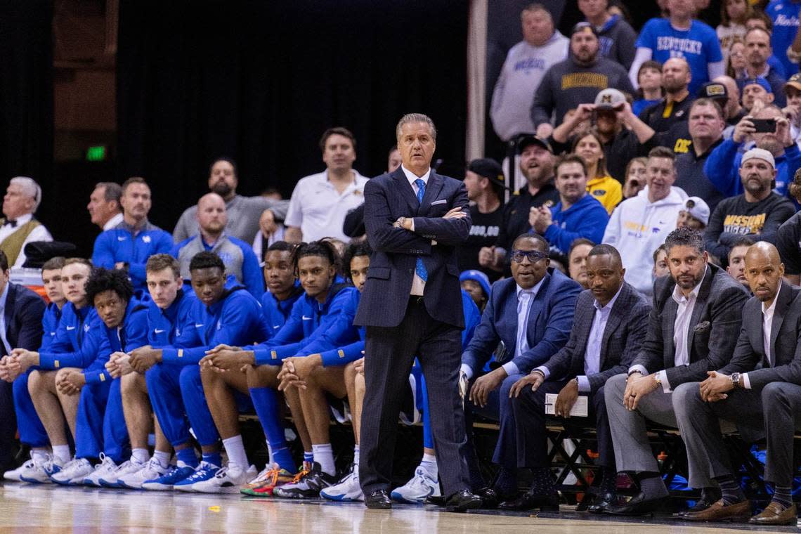 Kentucky head coach John Calipari watches his team play Missouri during the first half of an NCAA college basketball game Wednesday, Dec. 28, 2022, in Columbia, Mo. (AP Photo/L.G. Patterson)