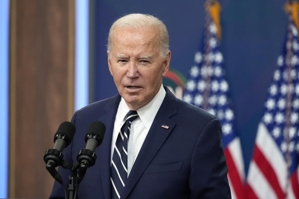 President Joe Biden speaks to the National Action Network Convention remotely from the South Court Auditorium of the White House, Friday, April 12, 2024, in Washington. (AP Photo/Alex Brandon)