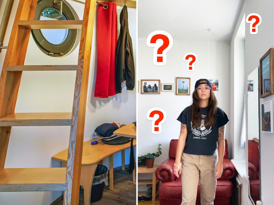 Inside the tiny home (L). The author ponders vertical storage options in her apartment (R).