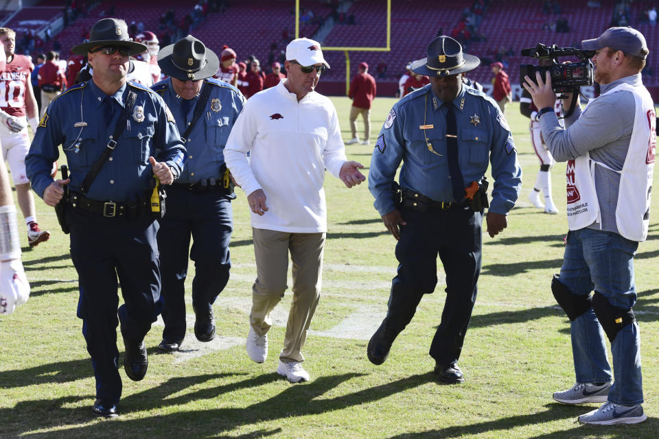 Arkansas fired head coach Chad Morris on Sunday. He had a 4-18 record at the school. (AP Photo/Michael Woods)