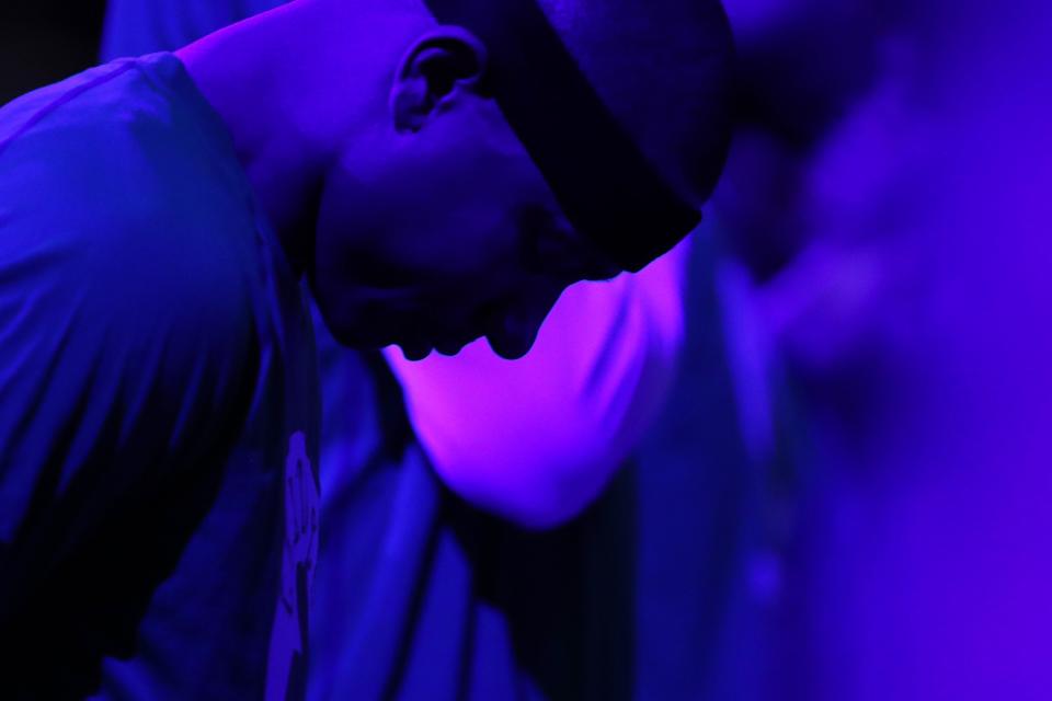 Isaiah Thomas observes a moment of silence dedicated to his sister, Chyna Thomas, who was killed in a car accident on April 15, 2017, before Game 1 of the Eastern Conference Quarterfinals against the Chicago Bulls. (Maddie Meyer/Getty Images)