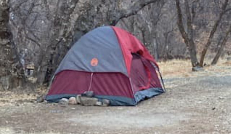 A red tent in the Diamond Fork camping area in Utah. 