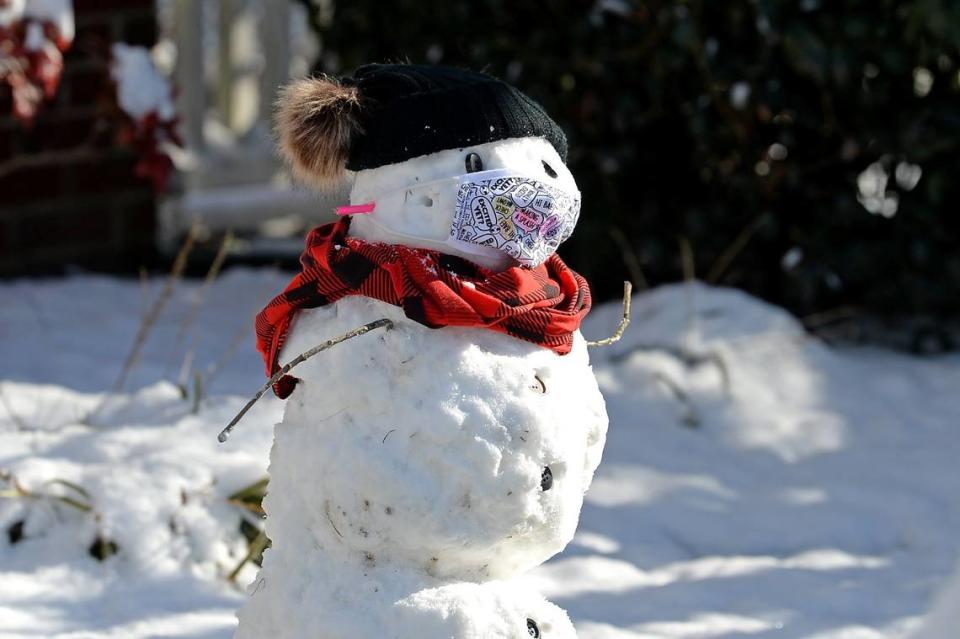 Sophia Bhayani, 8, and her mother, Jasna Bhayani’s snowman comes complete with a mask in the Village of Lake Park in Union County on Saturday, January 22, 2022.