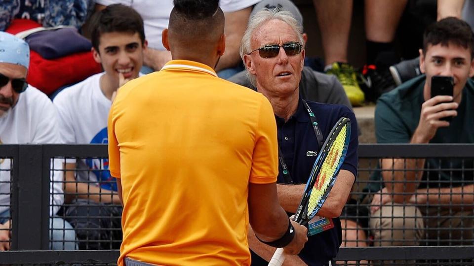 Nick Kyrgios in discussion with Italian Open tournament official Gerry Armstrong. Pic: Getty