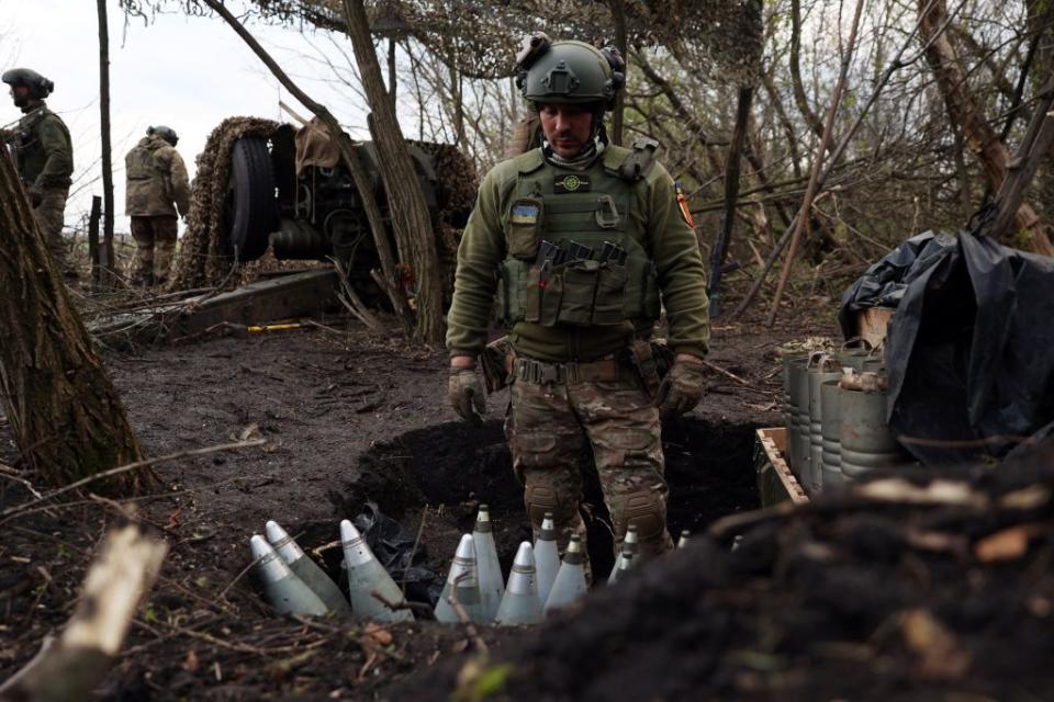 Ukrainian artillerymen of Aidar battalion operate at a front line near Bakhmut, in the Donetsk Oblast, on April 22, 2023, amid the Russian invasion on Ukraine. (Photo by Anatolii Stepanov/AFP via Getty Images)