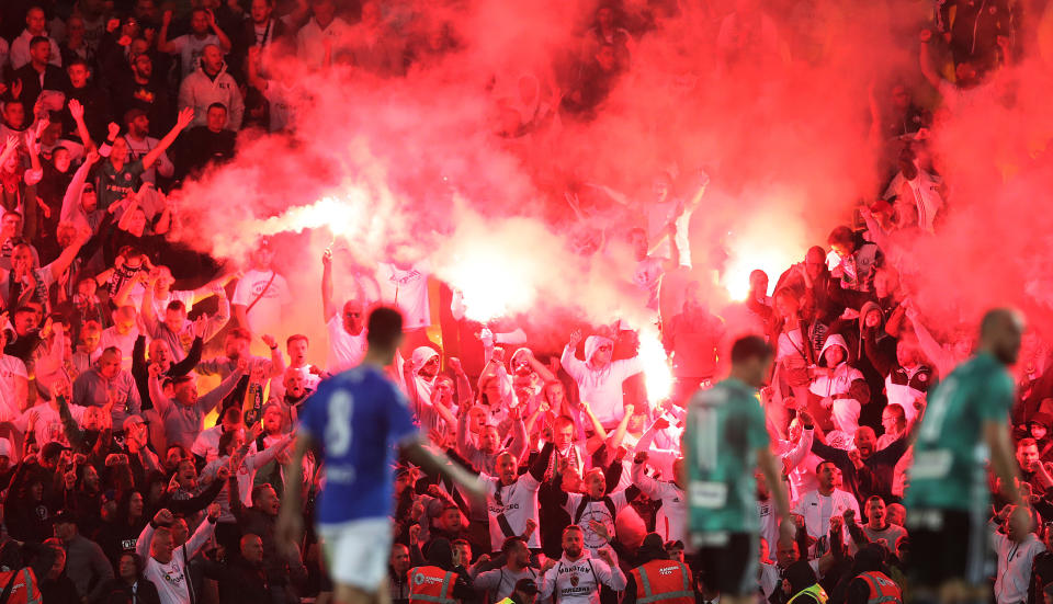 GLASGOW, SCOTLAND - AUGUST 29: Leigia Warsaw fans are seen during the UEFA Europa League Play Off First Leg match between Rangers FC and Legia Warsaw at Ibrox Stadium on August 29, 2019 in Glasgow, United Kingdom. (Photo by Ian MacNicol/Getty Images)