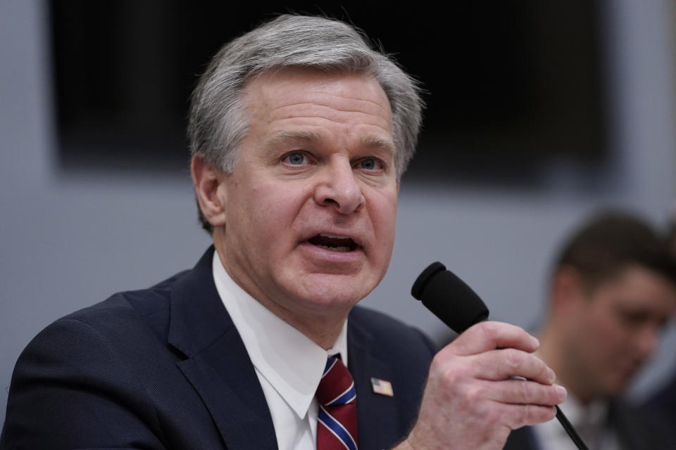 FBI Director Christopher Wray testifies during the House Select Committee on Intelligence annual open hearing on world widethreats at the Capitol in Washington, Thursday, March 9, 2023. (AP Photo/Carolyn Kaster)