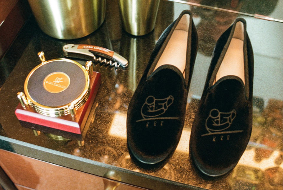 Del Toro’s exclusive black velvet slipper for Casa Cipriani. - Credit: Courtesy of Del Toro