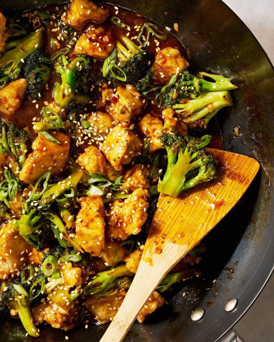 crispy baked tofu tossed with a sweet and savory chili spiked sesame sauce and crisp tender broccoli