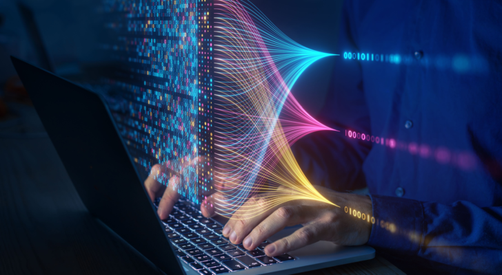 Data science and big data technology. Scientist computing, analyzing and visualizing complex data set on computer. Data mining, artificial intelligence, machine learning, business analytics.