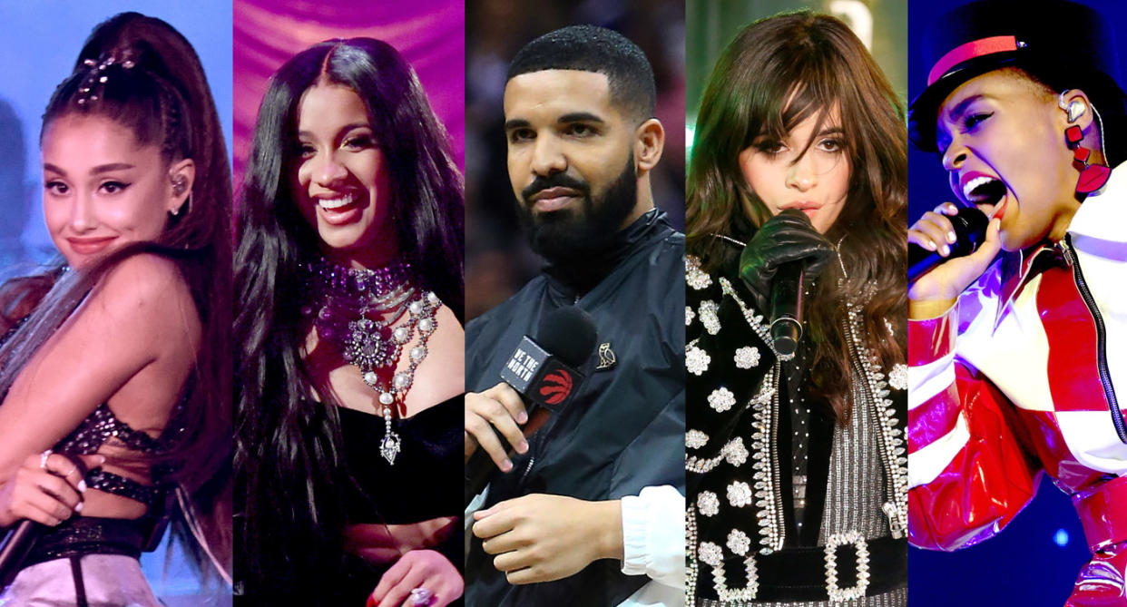 Ariana Grande, Cardi B, Drake, Camila Cabello, and Janelle Monae are set to lead the 2019 Grammy nominees. (Photos: Getty)
