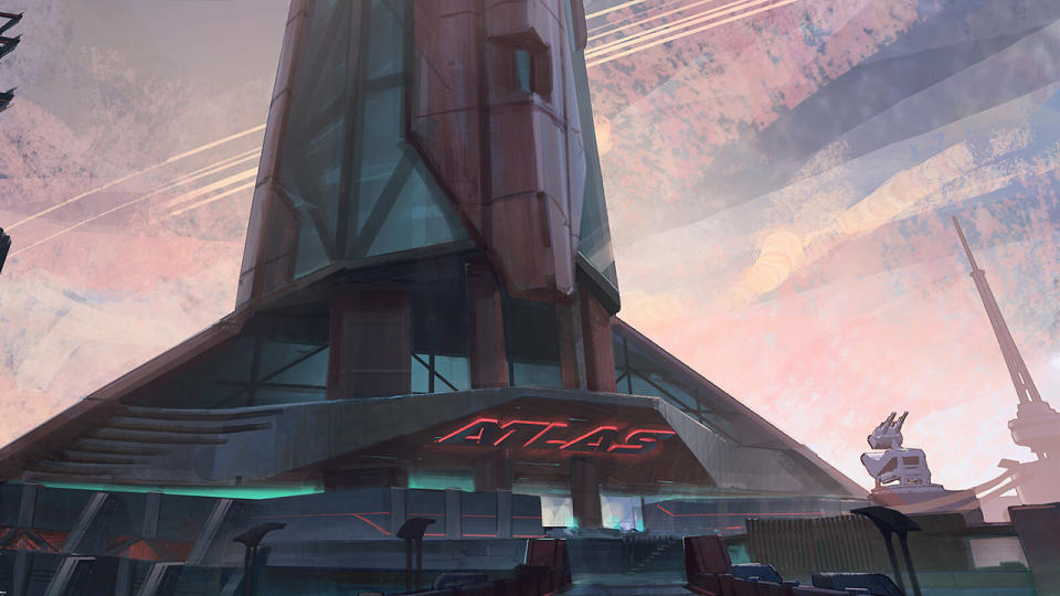 A tall, dark futuristic skyscraper with a wide base.  Atlas is spelled out in big bright red letters at the entrance.