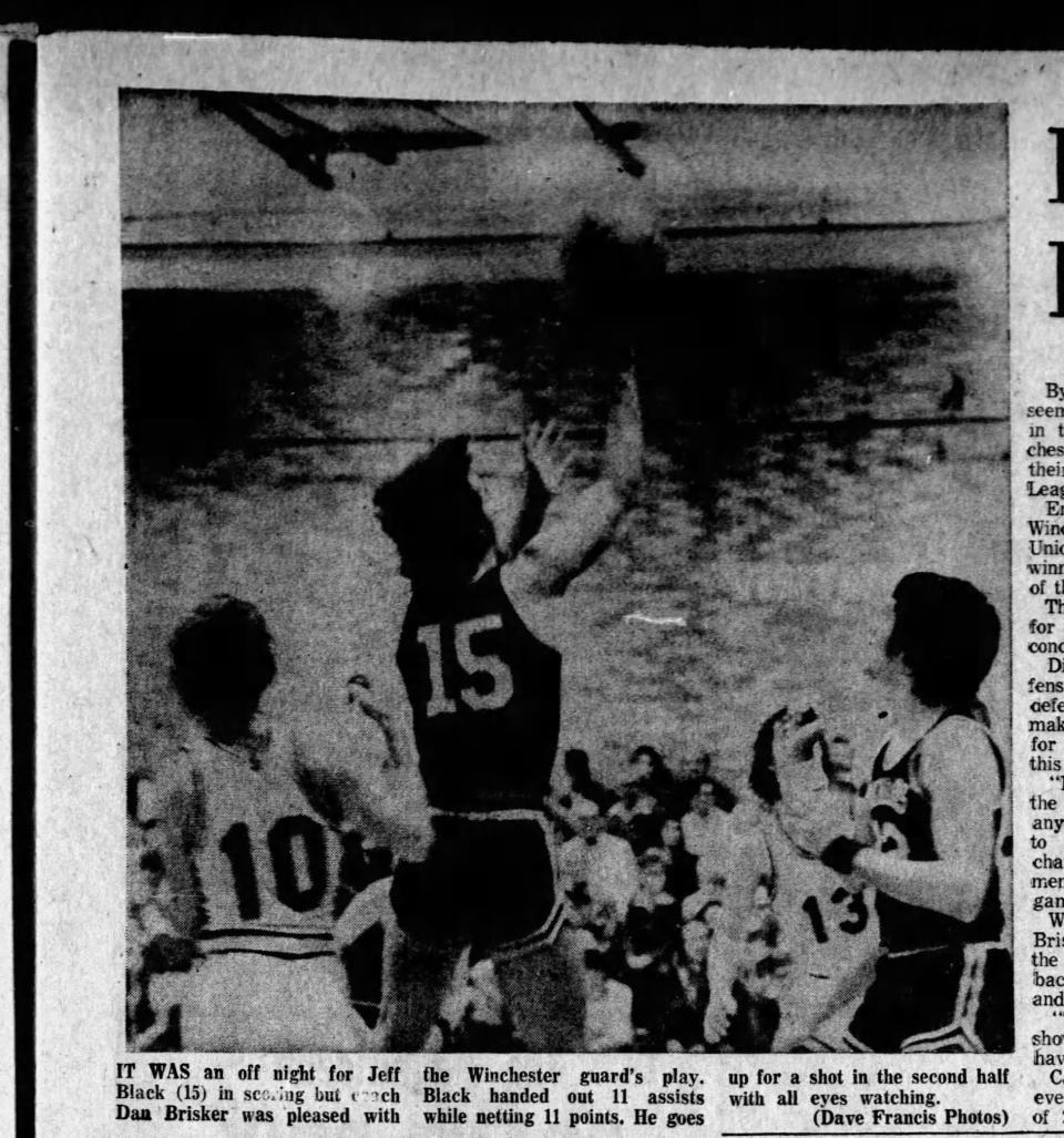 Jeff Black (15) goes up for a shot in the second half of a game against Berne Union in this clipping from the Feb. 5, 1975 Lancaster Eagle-Gazette.