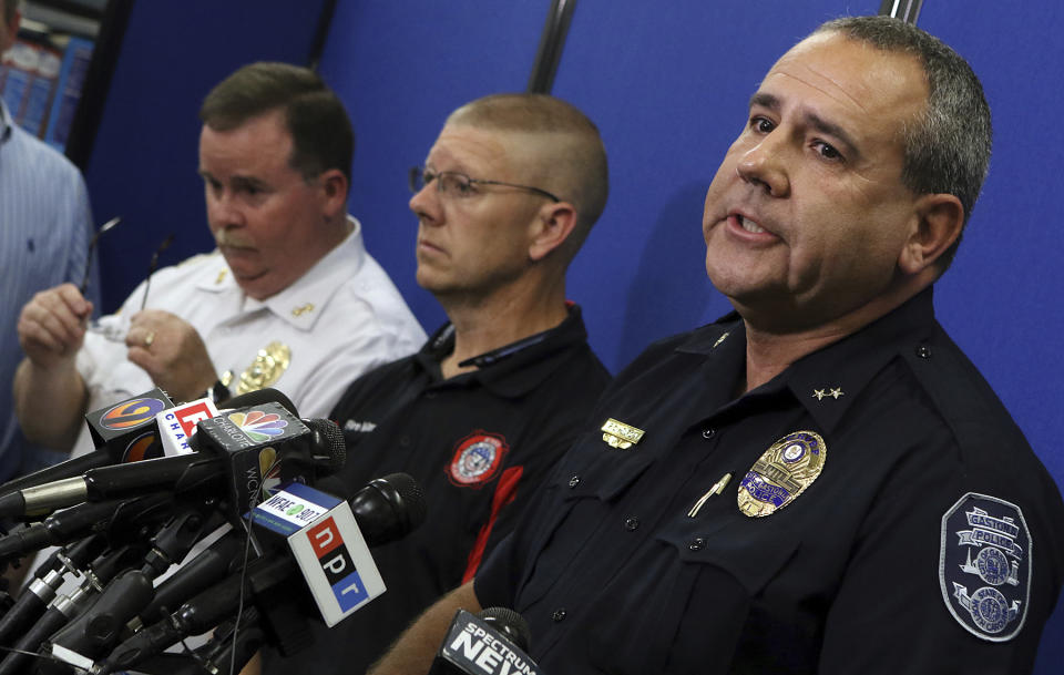 Gastonia Police Chief Robert Helton answers question from the media during a press conference as the search for missing Maddox Ritch came to an end after his body was discovered near Rankin Lake Park where he disappeared last Saturday in Gastonia, N.C., Thursday, Sept. 27, 2018. Helton said he was "heartbroken" over the discovery of a body believed to be that of the missing 6-year-old boy. (Mike Hensdill/The Gaston Gazette via AP)