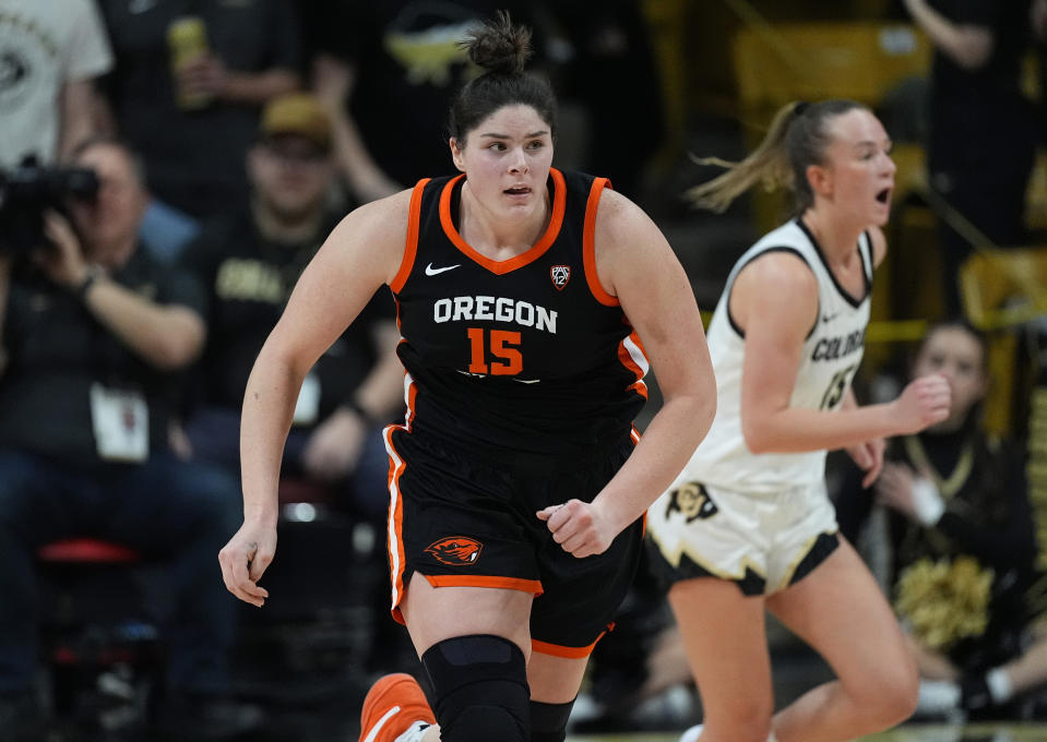 Oregon State forward Raegan Beers (15) looks on after hitting a basket in the second half of an NCAA college basketball game against Colorado, Sunday, Feb. 11, 2024, in Boulder, Colo. (AP Photo/David Zalubowski)