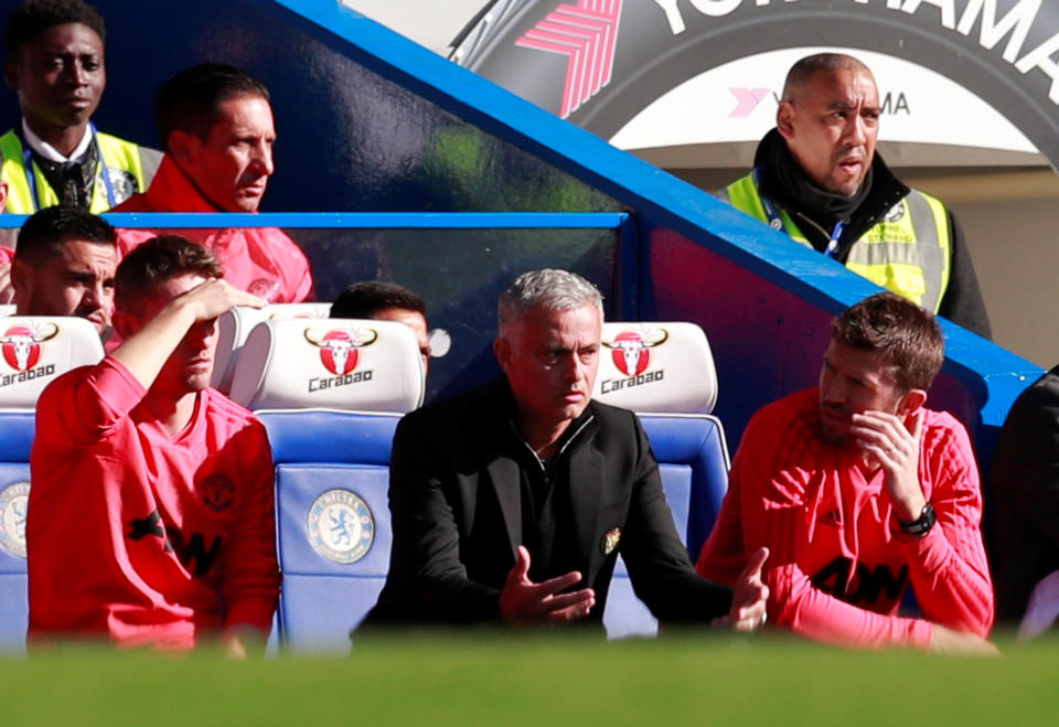 Manchester United manager Jose Mourinho gesticulates during his side’s meeting with former club Chelsea