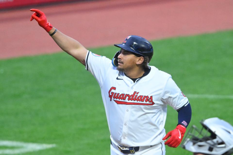 Guardians first baseman Josh Naylor celebrates his solo home run Wednesday against the Chicago White Sox in Cleveland.