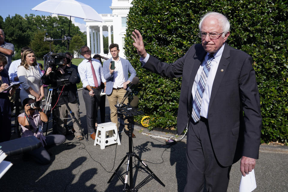 Sen. Bernie Sanders, I-Vt., finishes talking to reporters outside the West Wing of the White House in Washington, Monday, July 12, 2021, following his meeting with President Joe Biden. (AP Photo/Susan Walsh)