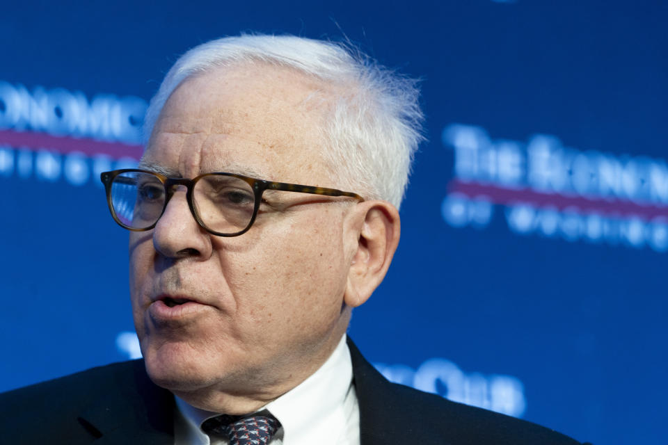 FILE - David Rubenstein speaks during an interview hosted by the Economic Club of Washington, Wednesday, Dec. 13, 2023, in Washington. Rubenstein's purchase of the Baltimore Orioles was approved Wednesday by Major League Baseball owners, clearing the way for the Angelos family to finalize the sale after over three decades running the team. (AP Photo/Stephanie Scarbrough, File)