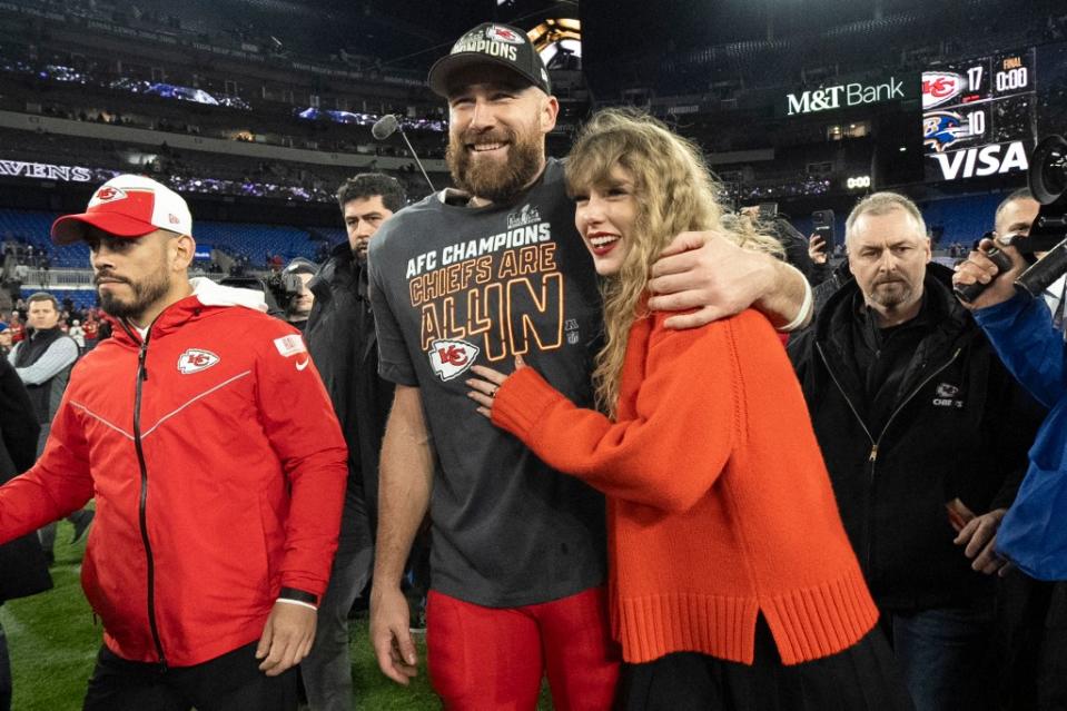 Travis Kelce and Taylor Swift at the AFC Championship NFL football game in January 2024. AP