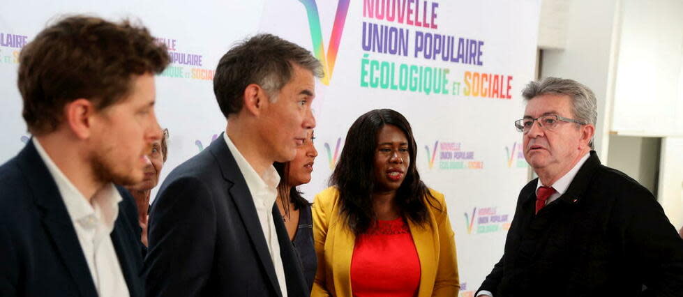Jean-Luc Mélenchon, Olivier Faure et Julien Bayou lors de la présentation du programme de la Nupes le 19 mai.
