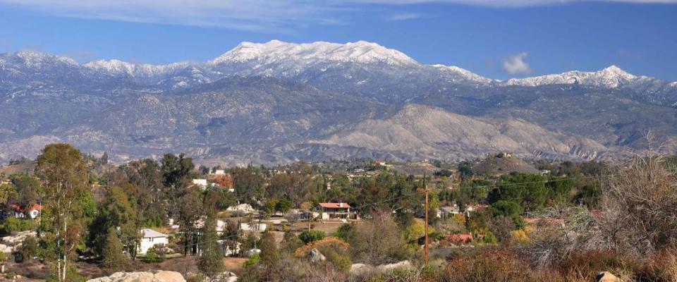 The town of Hemet, California lies at the foot of snow-capped Mount San Jacinto.