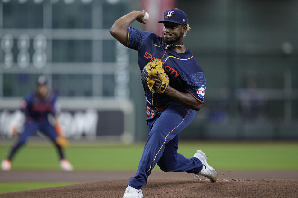 Houston Astros starting pitcher Ronel Blanco delivers during the first inning of a baseball game against the Toronto Blue Jays, Monday, April 1, 2024, in Houston. (AP Photo/Kevin M. Cox)