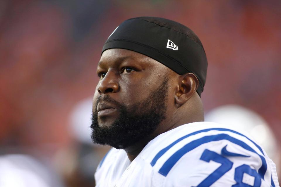 Indianapolis Colts tackle Gosder Cherilus (78) during the game against the Denver Broncos on Sept. 7, 2014, at Sports Authority Field at Mile High.